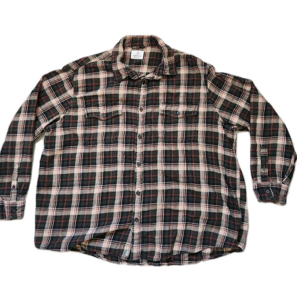 Mutual Weave Plaid Flannel Shirt Mens M Cotton Button Up Black Green Tan Red 2XL